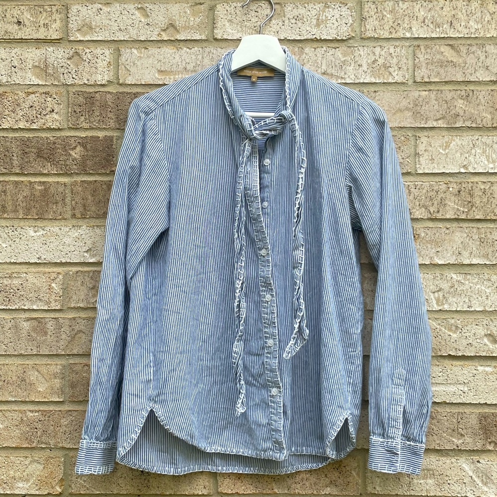 Rose and Rose Blue Stripe Blouse with Pussycat Bow